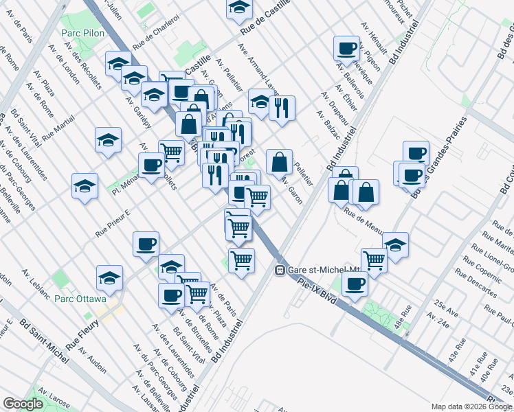 map of restaurants, bars, coffee shops, grocery stores, and more near 4147 Rue Majeau in Montréal