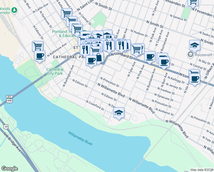 map of restaurants, bars, coffee shops, grocery stores, and more near 8005 North Willamette Boulevard in Portland