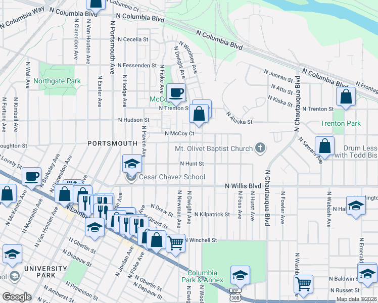 map of restaurants, bars, coffee shops, grocery stores, and more near 4620 North Houghton Street in Portland