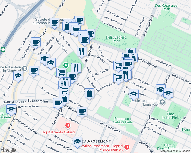map of restaurants, bars, coffee shops, grocery stores, and more near 6290 Rue Labrie in Montréal