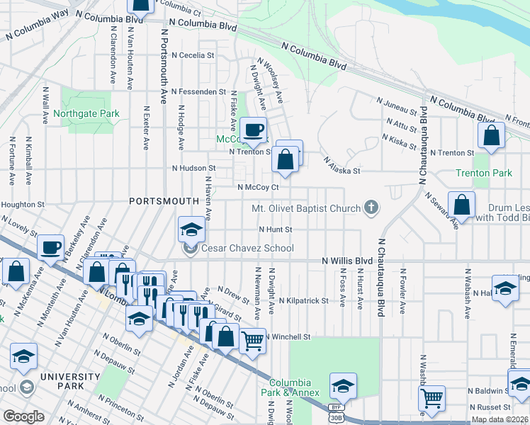 map of restaurants, bars, coffee shops, grocery stores, and more near 8805 North Dwight Avenue in Portland