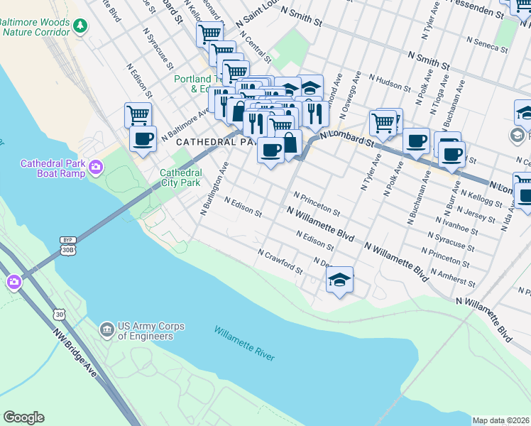 map of restaurants, bars, coffee shops, grocery stores, and more near 6917 North Charleston Avenue in Portland