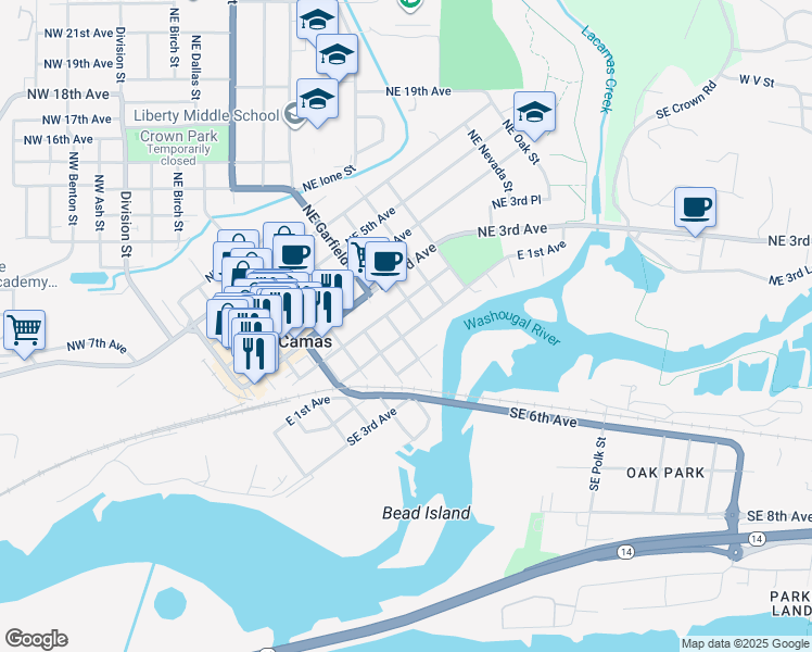 map of restaurants, bars, coffee shops, grocery stores, and more near 838 Northeast 2nd Avenue in Camas