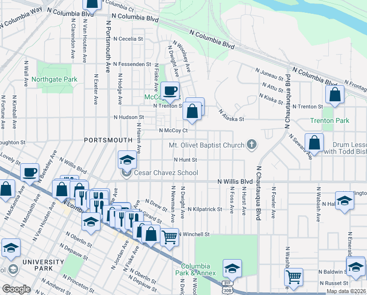 map of restaurants, bars, coffee shops, grocery stores, and more near 4620 North Houghton Street in Portland