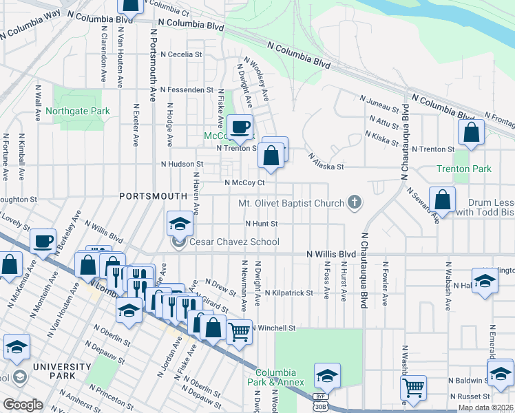 map of restaurants, bars, coffee shops, grocery stores, and more near 4620 North Houghton Street in Portland