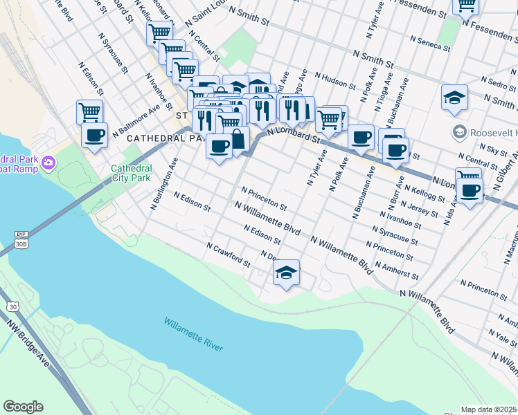 map of restaurants, bars, coffee shops, grocery stores, and more near 7031 North Mohawk Avenue in Portland