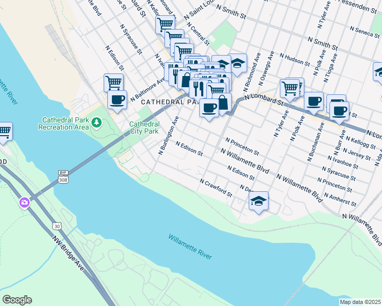 map of restaurants, bars, coffee shops, grocery stores, and more near C North Leavitt Avenue in Portland