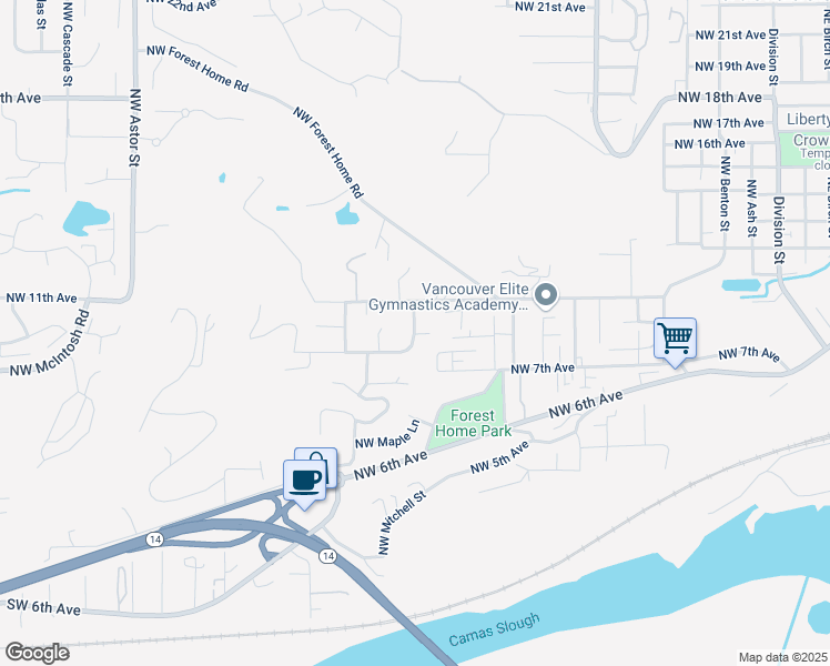 map of restaurants, bars, coffee shops, grocery stores, and more near 801 Northwest Magnolia Street in Camas
