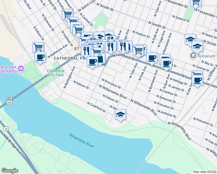 map of restaurants, bars, coffee shops, grocery stores, and more near 7031 North Mohawk Avenue in Portland