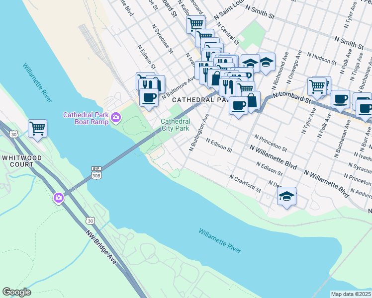 map of restaurants, bars, coffee shops, grocery stores, and more near 6703 North Salem Avenue in Portland