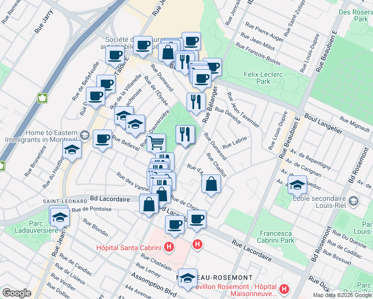 map of restaurants, bars, coffee shops, grocery stores, and more near 6199 Rue Bélanger in Montréal