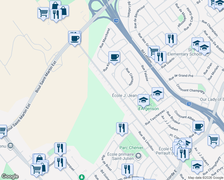 map of restaurants, bars, coffee shops, grocery stores, and more near 1506 Rue Notre-Dame-de-Fatima in Laval