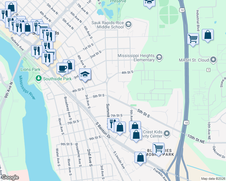 map of restaurants, bars, coffee shops, grocery stores, and more near 420 Summit Avenue South in Sauk Rapids