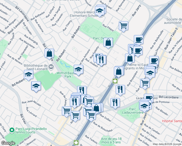 map of restaurants, bars, coffee shops, grocery stores, and more near 8065 Rue de la Croix in Montréal