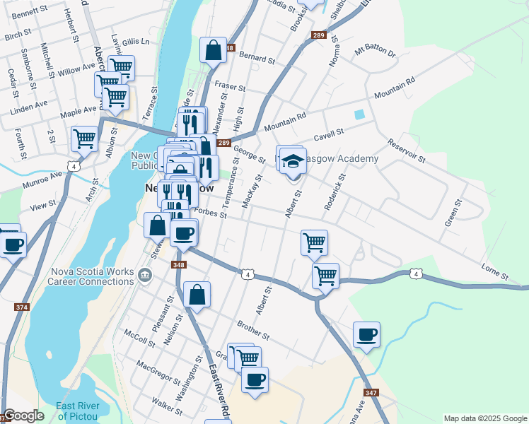 map of restaurants, bars, coffee shops, grocery stores, and more near 311 Maclean Street in New Glasgow