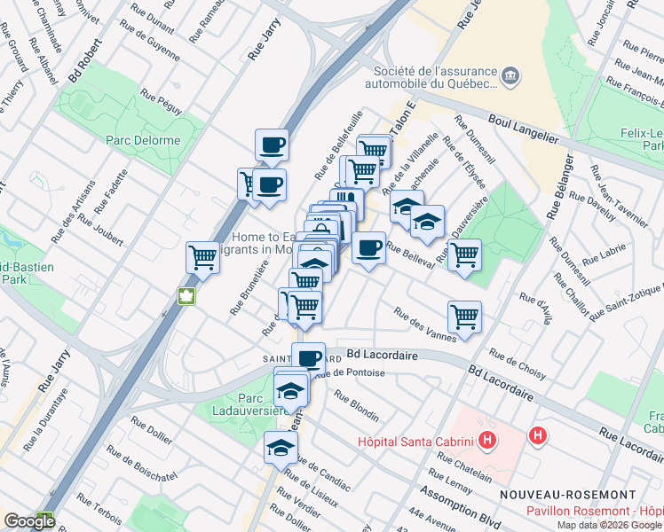 map of restaurants, bars, coffee shops, grocery stores, and more near 5916 Rue Jean-Talon Est in Montréal