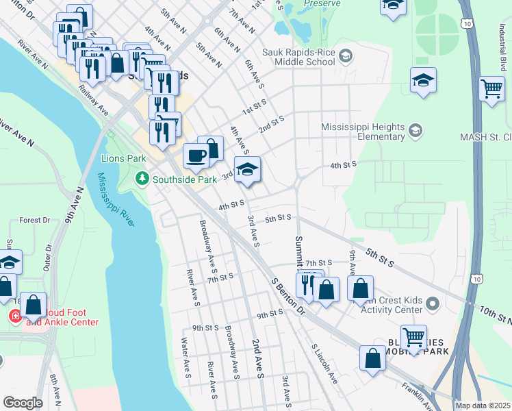 map of restaurants, bars, coffee shops, grocery stores, and more near 326 4th Street South in Sauk Rapids