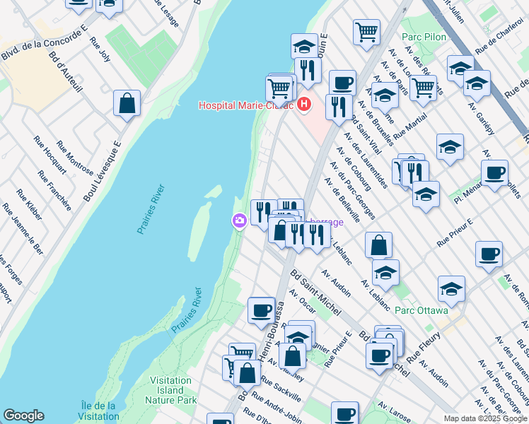 map of restaurants, bars, coffee shops, grocery stores, and more near Boulevard Gouin Est in Montréal