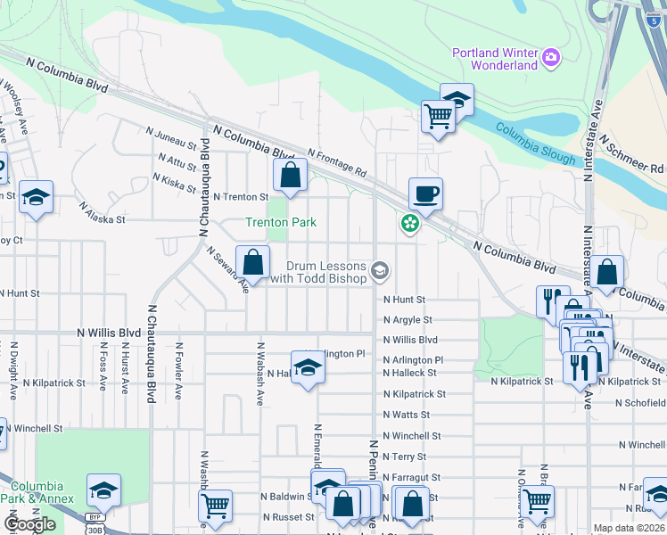 map of restaurants, bars, coffee shops, grocery stores, and more near 8740 North Drummond Avenue in Portland