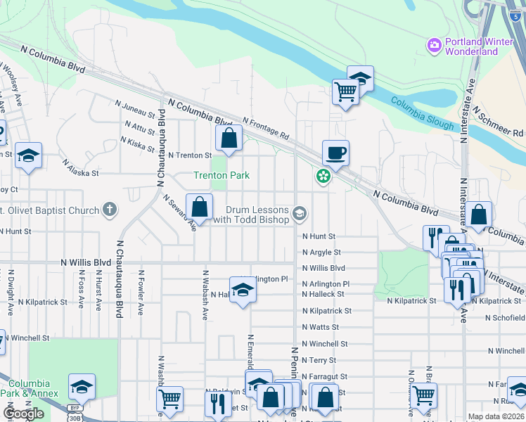 map of restaurants, bars, coffee shops, grocery stores, and more near 8740 North Drummond Avenue in Portland
