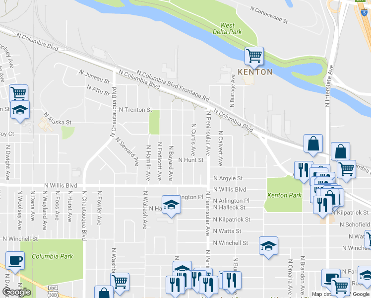 map of restaurants, bars, coffee shops, grocery stores, and more near 8740 North Drummond Avenue in Portland
