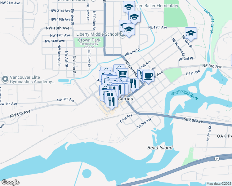map of restaurants, bars, coffee shops, grocery stores, and more near 426 Northeast Cedar Street in Camas