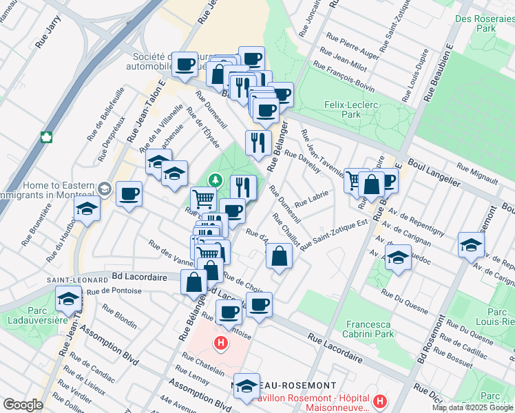 map of restaurants, bars, coffee shops, grocery stores, and more near 6220 Rue Bélanger in Montréal