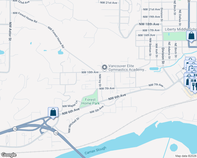 map of restaurants, bars, coffee shops, grocery stores, and more near 914 Northwest Ivy Street in Camas
