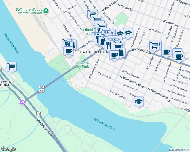 map of restaurants, bars, coffee shops, grocery stores, and more near 8527 North Decatur Street in Portland