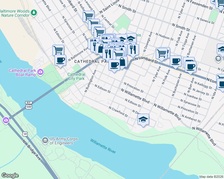 map of restaurants, bars, coffee shops, grocery stores, and more near 6920 North Charleston Avenue in Portland