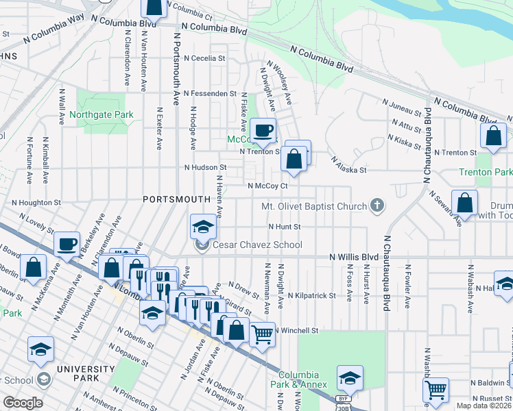 map of restaurants, bars, coffee shops, grocery stores, and more near 4820 North Houghton Street in Portland