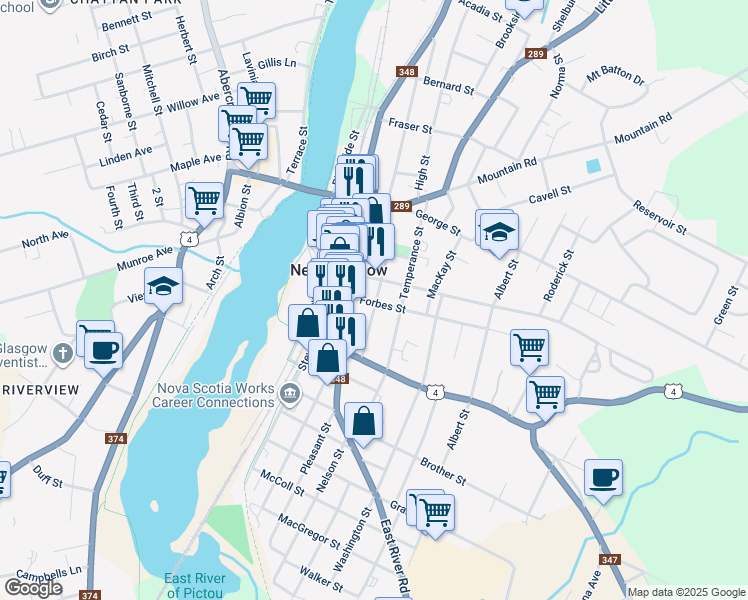 map of restaurants, bars, coffee shops, grocery stores, and more near 225 Maclean Street in New Glasgow