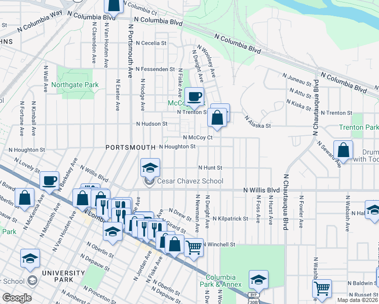 map of restaurants, bars, coffee shops, grocery stores, and more near 4820 North Houghton Street in Portland