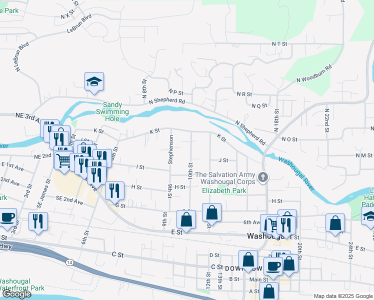 map of restaurants, bars, coffee shops, grocery stores, and more near 1013 10th Street in Washougal