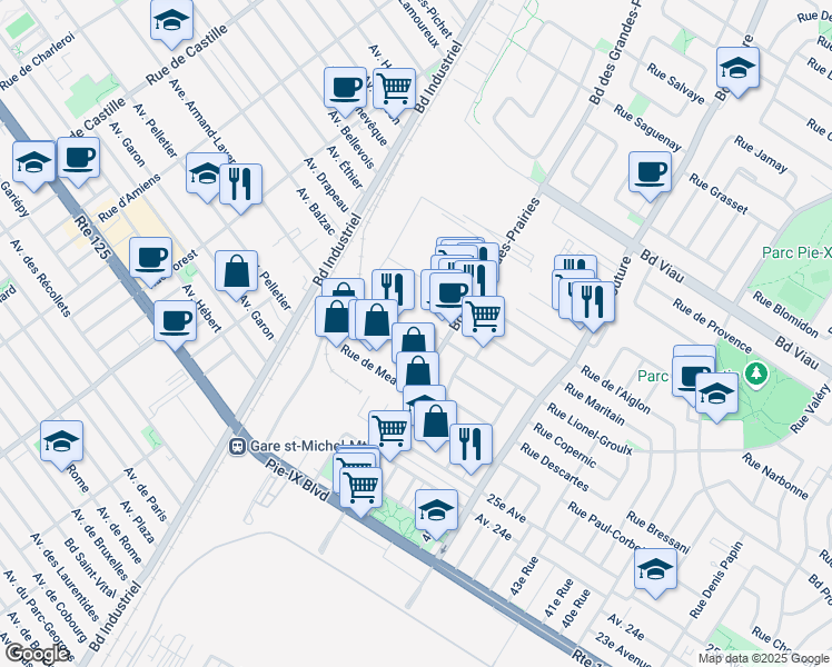 map of restaurants, bars, coffee shops, grocery stores, and more near 4481 Boulevard des Grandes-Prairies in Montréal