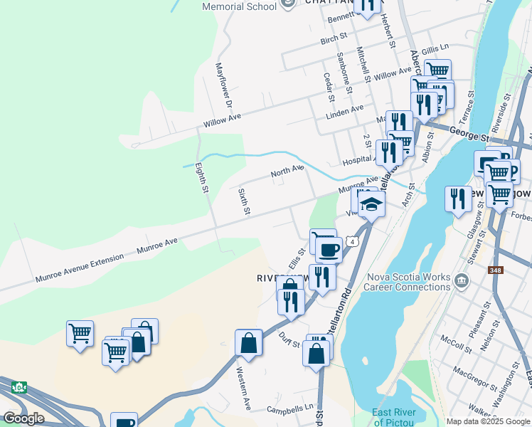 map of restaurants, bars, coffee shops, grocery stores, and more near Munroe Avenue in New Glasgow