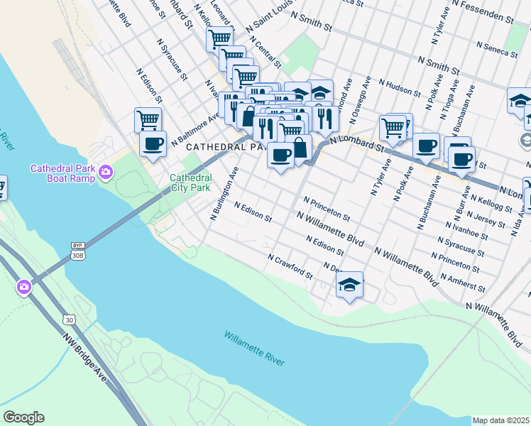 map of restaurants, bars, coffee shops, grocery stores, and more near 8314 North Willamette Boulevard in Portland
