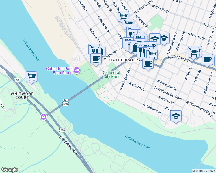 map of restaurants, bars, coffee shops, grocery stores, and more near 8638 North Crawford Street in Portland