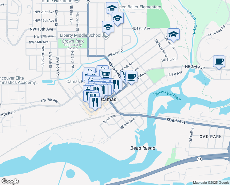 map of restaurants, bars, coffee shops, grocery stores, and more near 605 Washington 500 in Camas