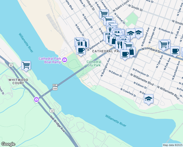 map of restaurants, bars, coffee shops, grocery stores, and more near 8638 North Crawford Street in Portland