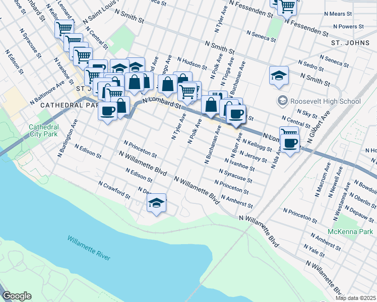 map of restaurants, bars, coffee shops, grocery stores, and more near 7634 North Ivanhoe Street in Portland