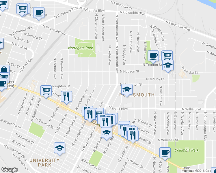 map of restaurants, bars, coffee shops, grocery stores, and more near 8717 North Exeter Avenue in Portland