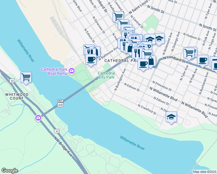 map of restaurants, bars, coffee shops, grocery stores, and more near 6703 North Salem Avenue in Portland