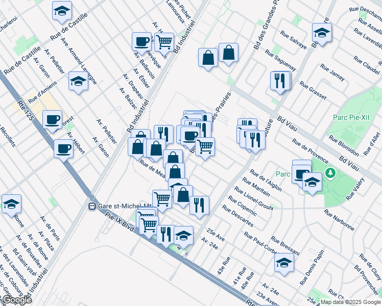 map of restaurants, bars, coffee shops, grocery stores, and more near 4555 Boulevard des Grandes-Prairies in Montréal