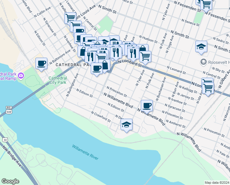 map of restaurants, bars, coffee shops, grocery stores, and more near 7031 North Mohawk Avenue in Portland