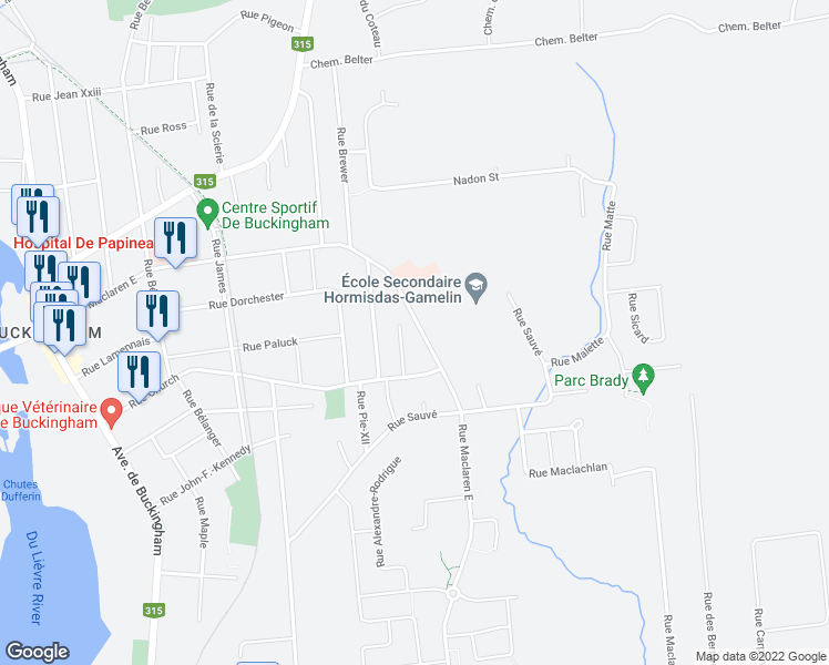 map of restaurants, bars, coffee shops, grocery stores, and more near 587 Rue Maclaren Est in Gatineau