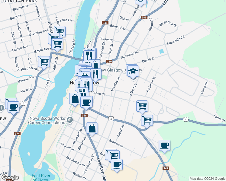 map of restaurants, bars, coffee shops, grocery stores, and more near 4 Mackay Street in New Glasgow