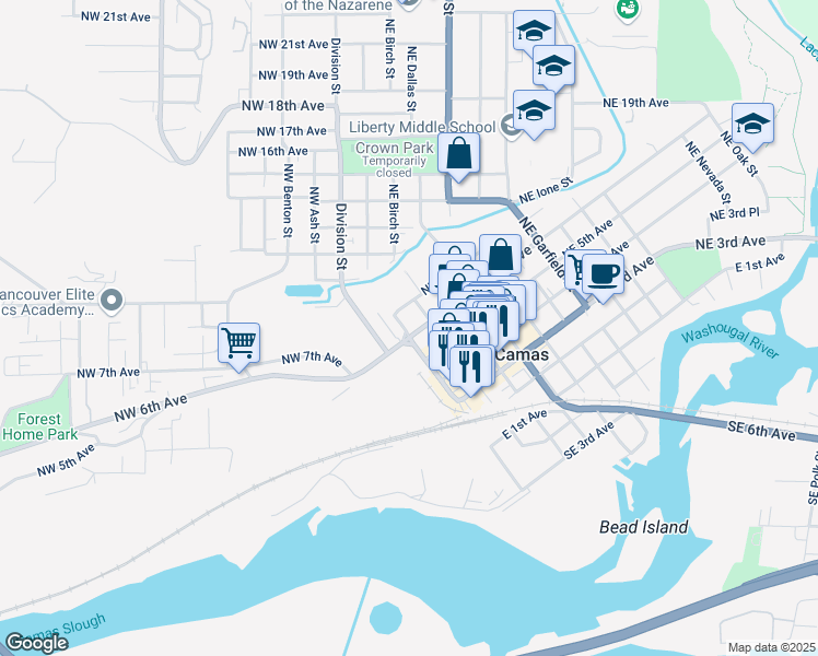map of restaurants, bars, coffee shops, grocery stores, and more near 201 Northeast 6th Avenue in Camas