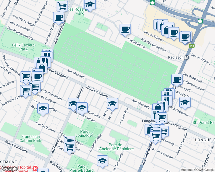 map of restaurants, bars, coffee shops, grocery stores, and more near 5647 Rue Mignault in Montréal