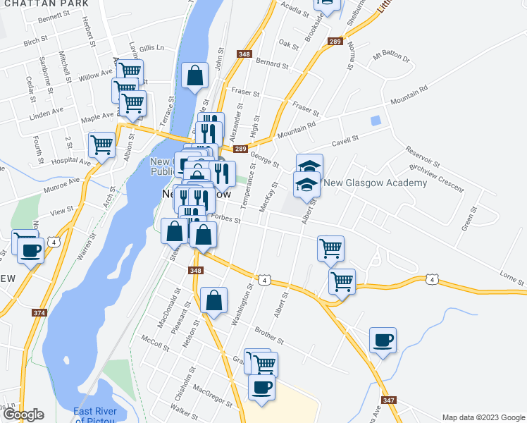 map of restaurants, bars, coffee shops, grocery stores, and more near 283 Maclean Street in New Glasgow